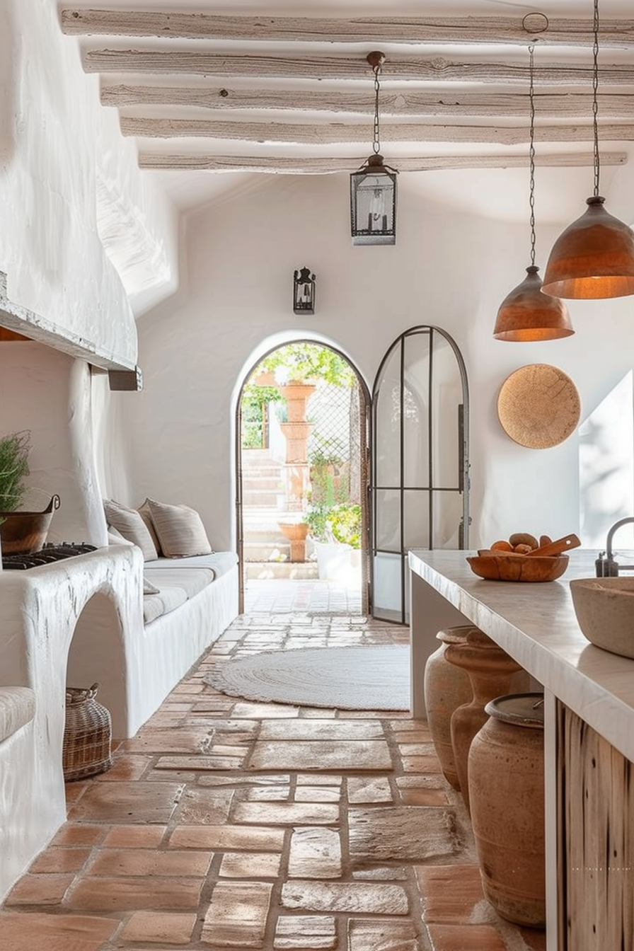 Rustic Mediterranean-style kitchen interior with terracotta floor tiles, white walls, wooden beams, and copper pendant lights.