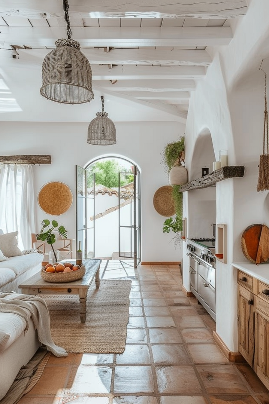 Bright and airy rustic kitchen with terracotta tiles, white walls, wicker accents, and an open arched door leading outside.