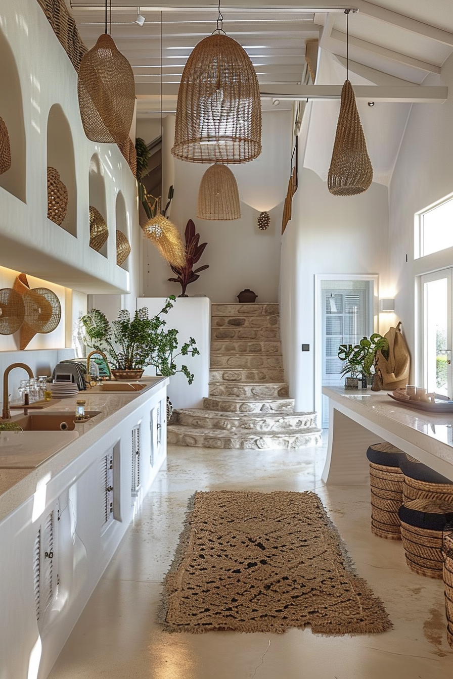 Bright and airy kitchen interior with natural woven decorations, stone stairs, and a textured rug.