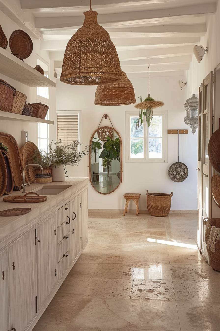 A sunny, rustic-style room with woven baskets, large rattan pendant lamps, a wooden cabinet, and a decorative mirror.