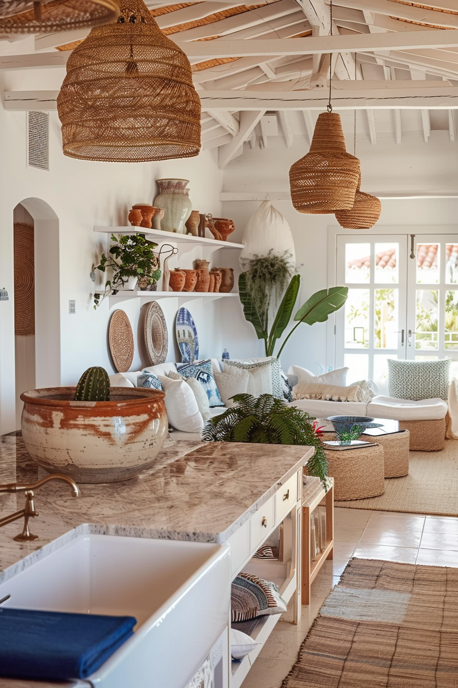 ALT: A cozy, well-lit interior with a white kitchen island, woven pendant lights, floating shelves with pottery, and a lounge area with plush pillows.
