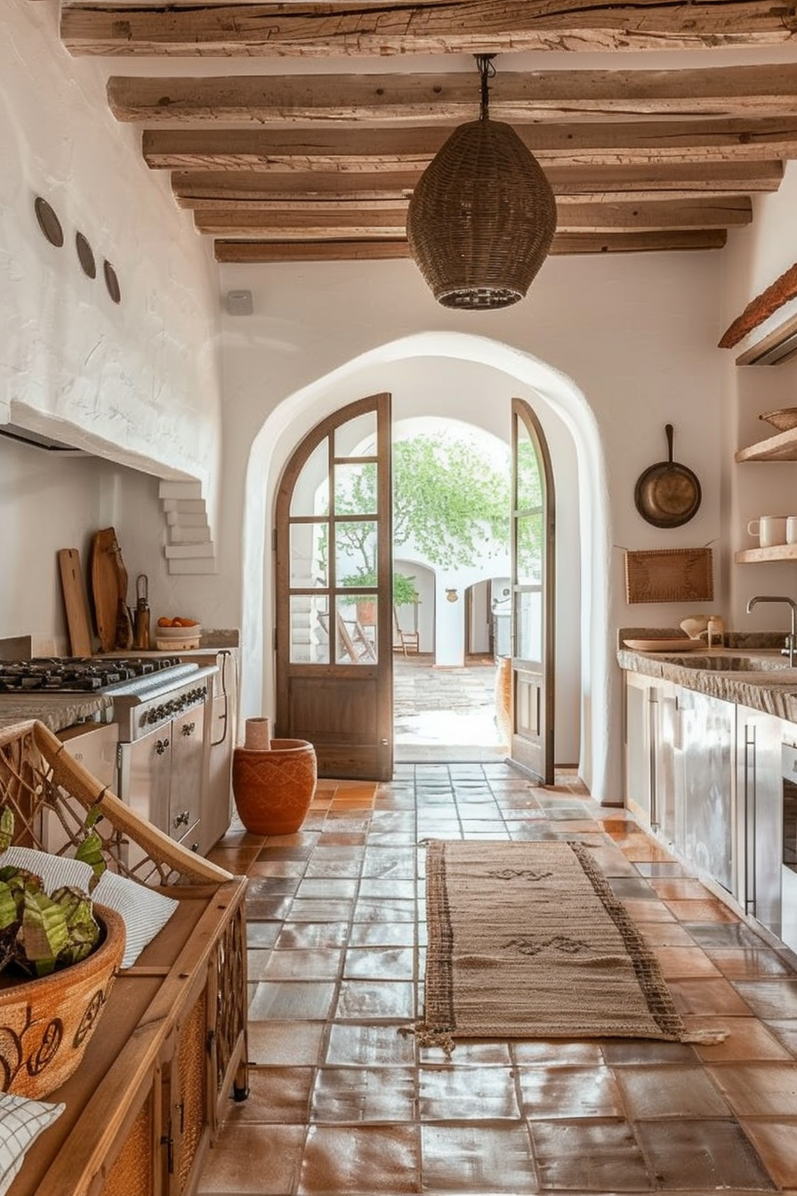 Rustic kitchen interior with terracotta floor tiles, arched wooden doors, white walls, and wood beam ceiling, leading to a sunny patio.