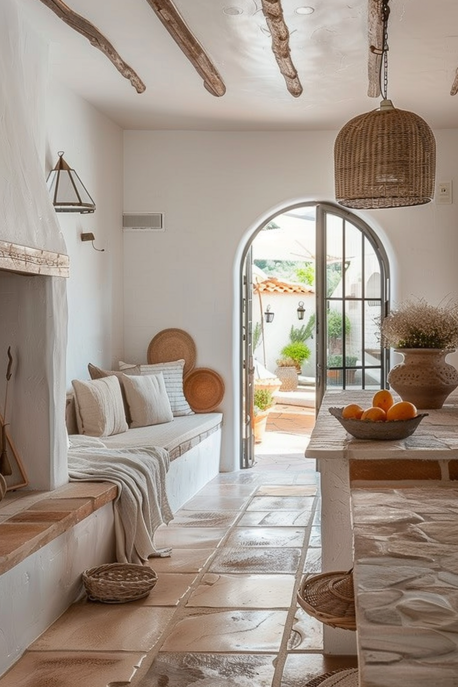 Cozy Mediterranean style interior with white walls, terracotta floor tiles, wicker lamp, rustic wooden beams, and an archway leading outside.