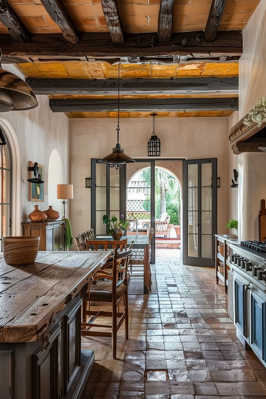 Rustic kitchen interior with wooden beams, terracotta tiles, a long wooden table, black framed glass doors leading to a patio.