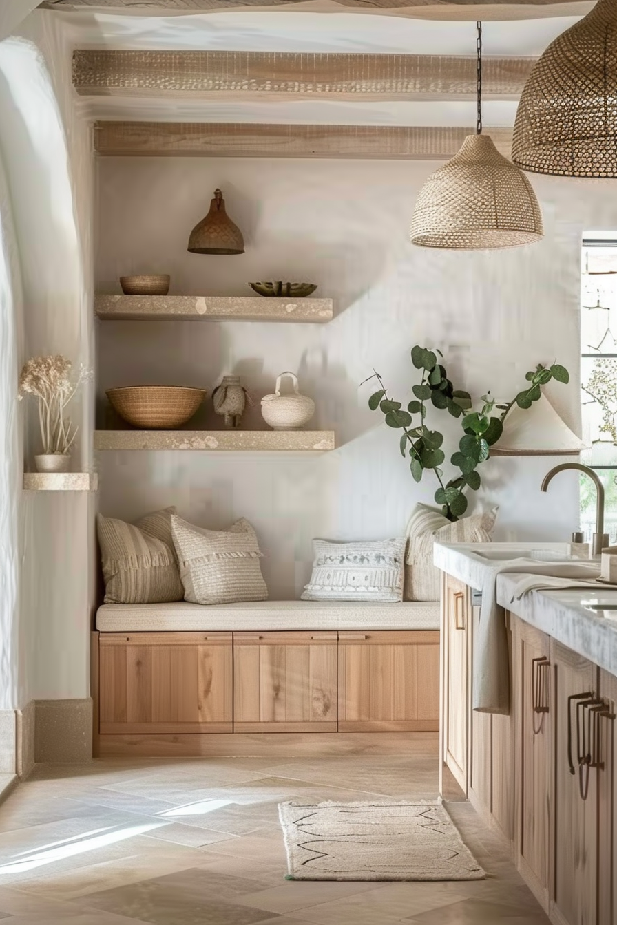 A cozy kitchen corner with floating shelves, woven baskets, wooden cabinetry, and a bench with cushions, illuminated by natural light.