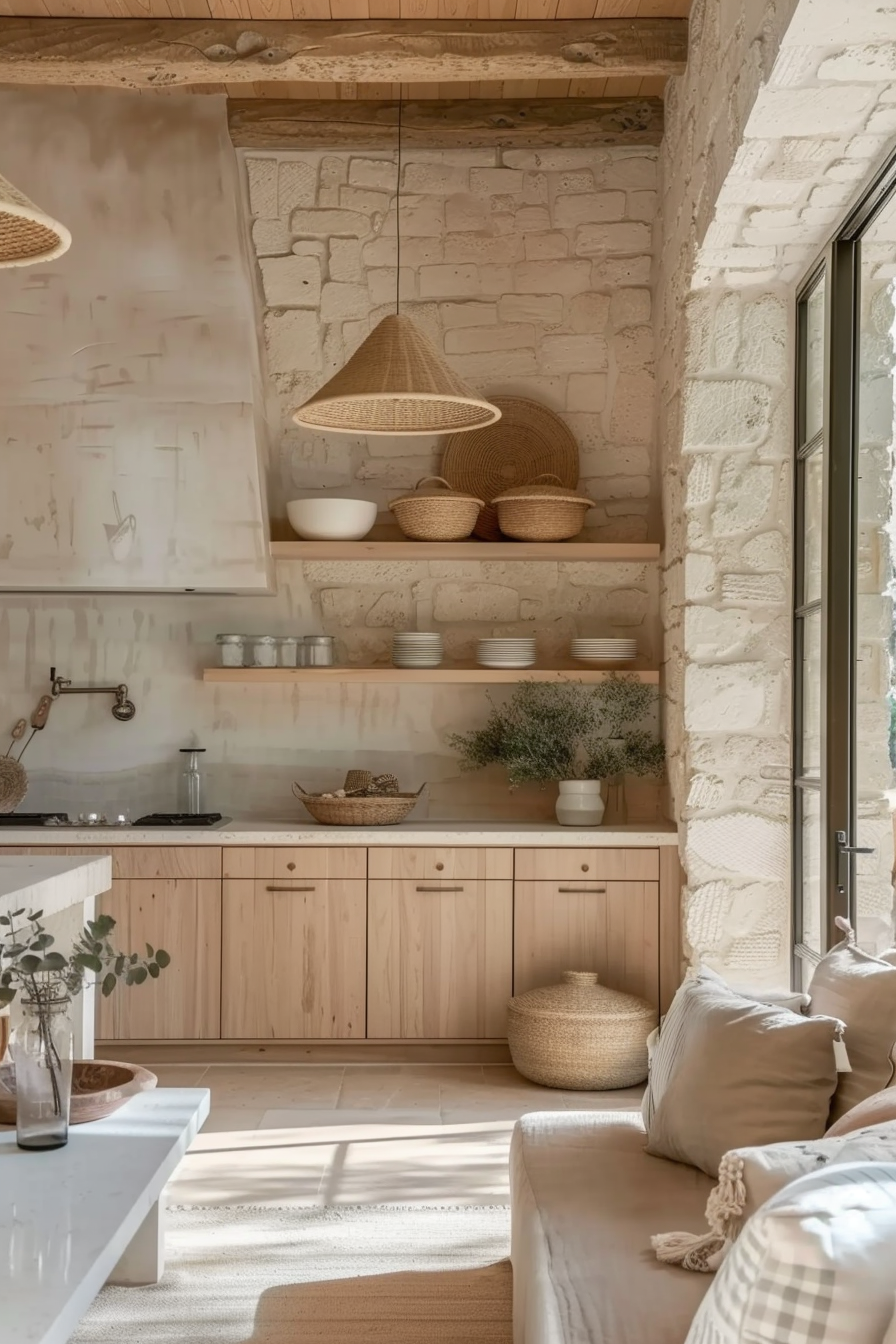 A cozy kitchen interior with natural light, featuring a stone wall, wooden shelves with wicker baskets, and a seating area with soft cushions.