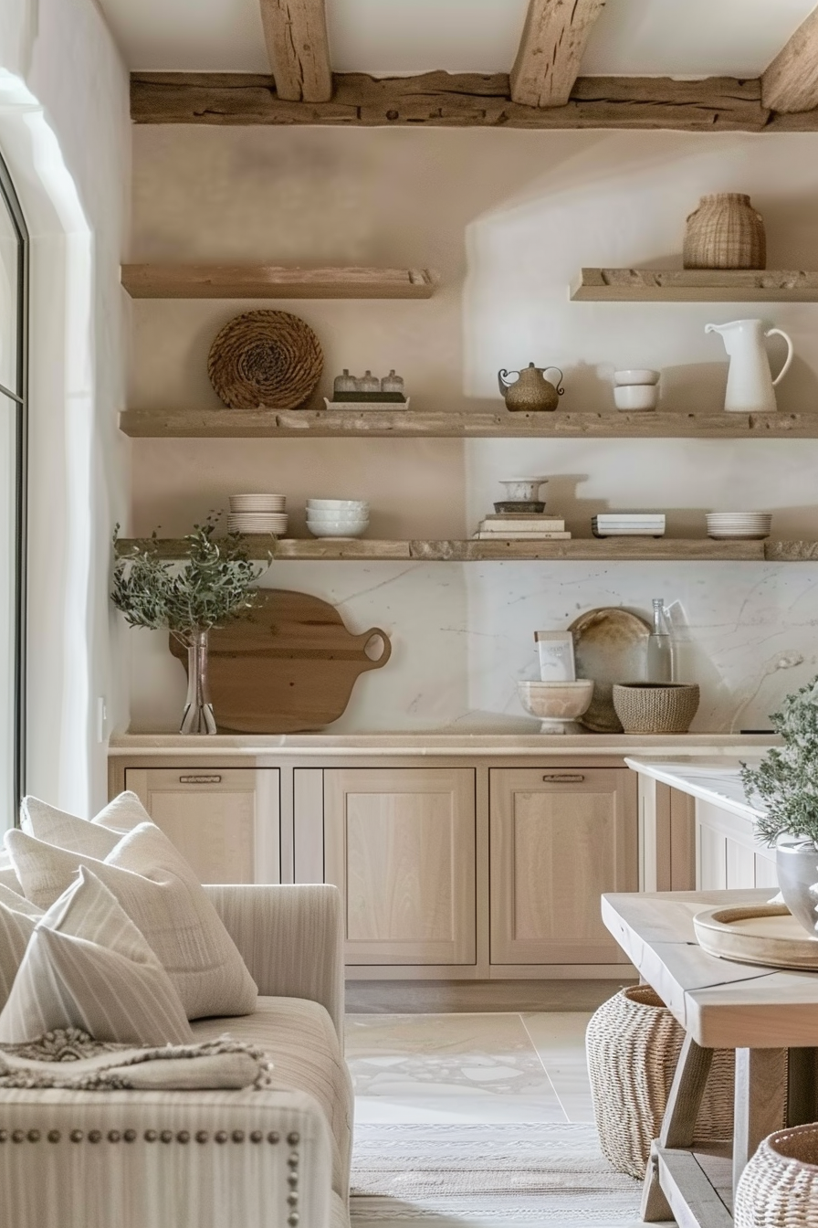 A cozy, rustic kitchen corner with open shelves displaying ceramics and wicker, a marble countertop, and an inviting sitting area.