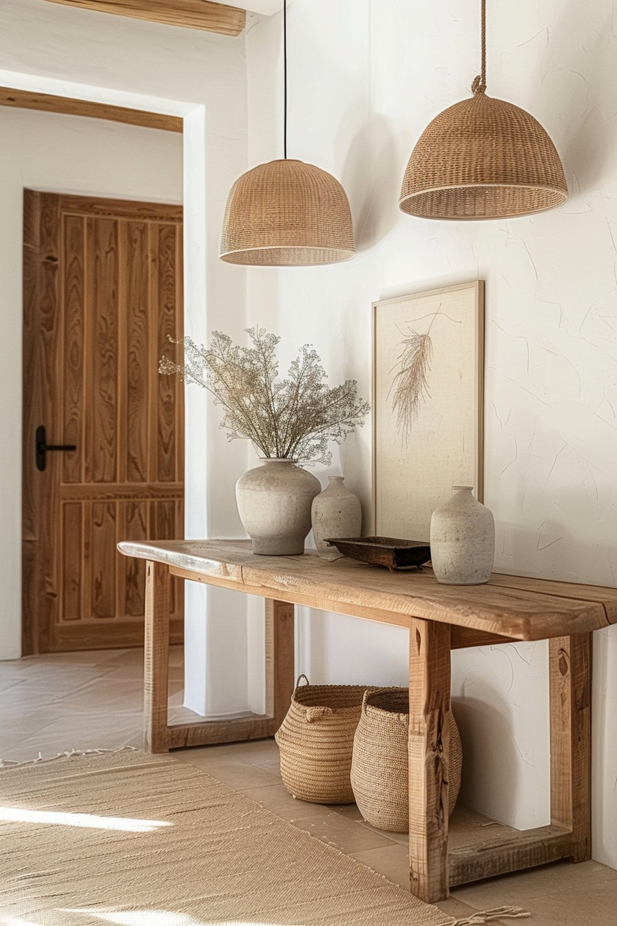 A cozy entryway with a wooden console table, wicker baskets, ceramic vases with dried plants, and rattan pendant lights.
