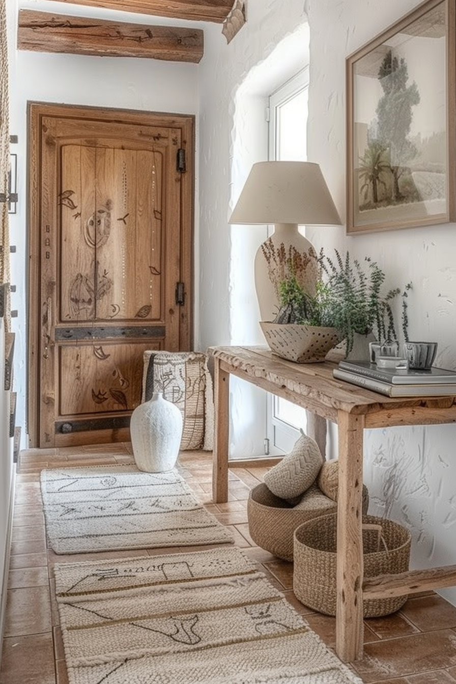 Rustic home entryway with a carved wooden door, console table with lamp and plants, textured rug, and decorative baskets.