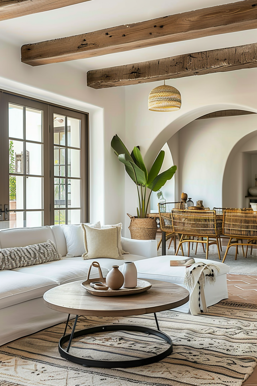 Bright living room with exposed wooden beams, white sofa, round coffee table, patterned rug, and a view into a dining area with rattan chairs.