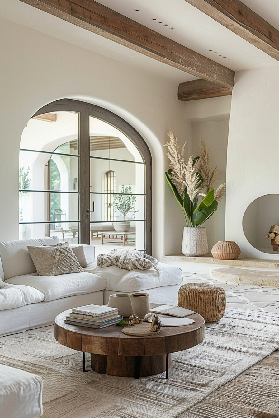 Bright living room with white sofas, wooden coffee table, beige rug, arched doorway, and decorative plants.