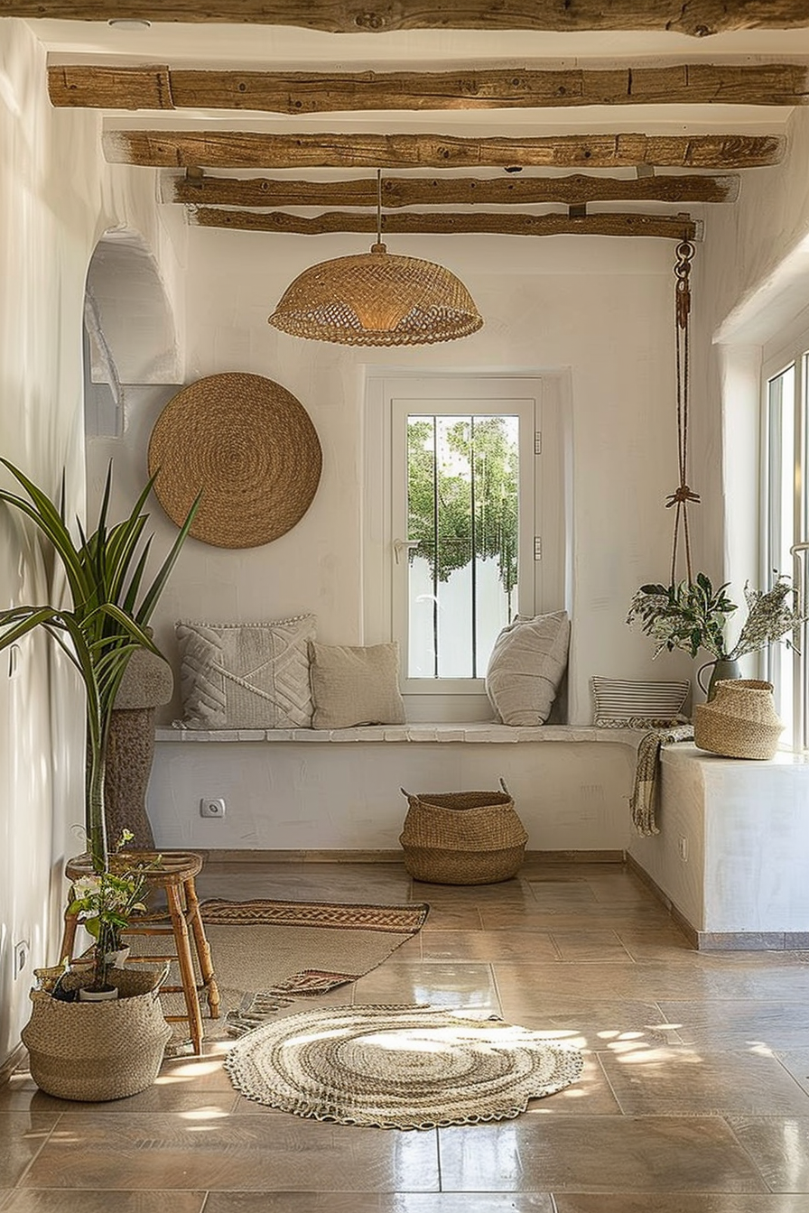 A bright, Mediterranean-style room with white walls, wooden beams, a bamboo pendant light, wicker decor, and cozy seating nooks.