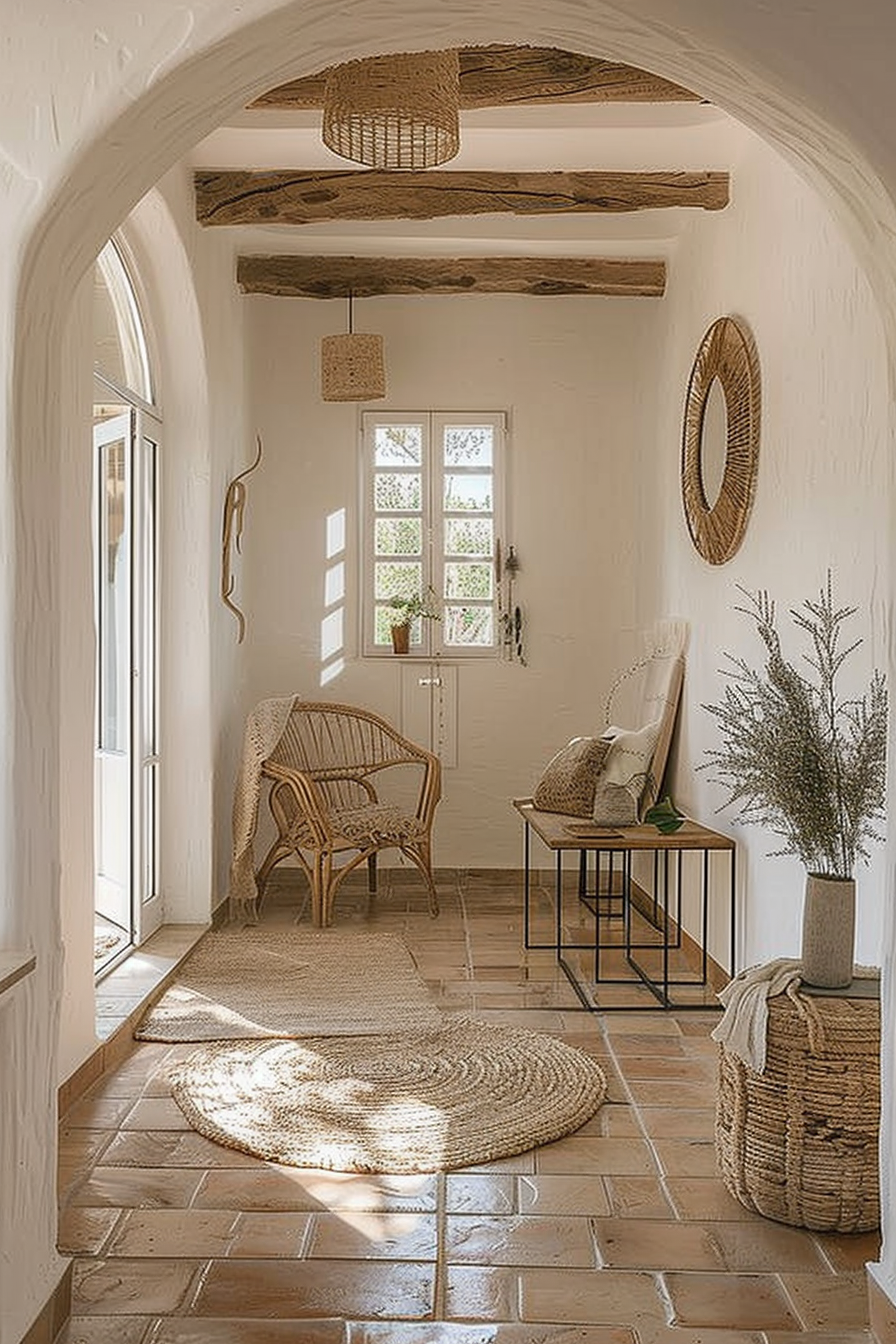 A bright, cozy hallway with arched ceiling, exposed wooden beams, wicker furniture, and natural fiber accents illuminated by sunlight.