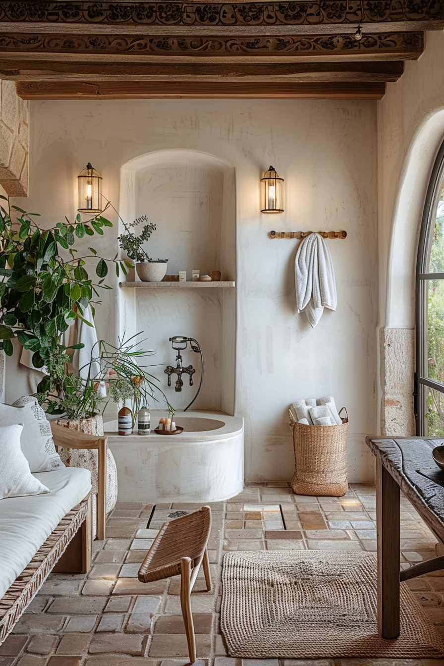 Rustic bathroom interior with arches, terracotta floor, freestanding bathtub, wicker accents, and green plants.
