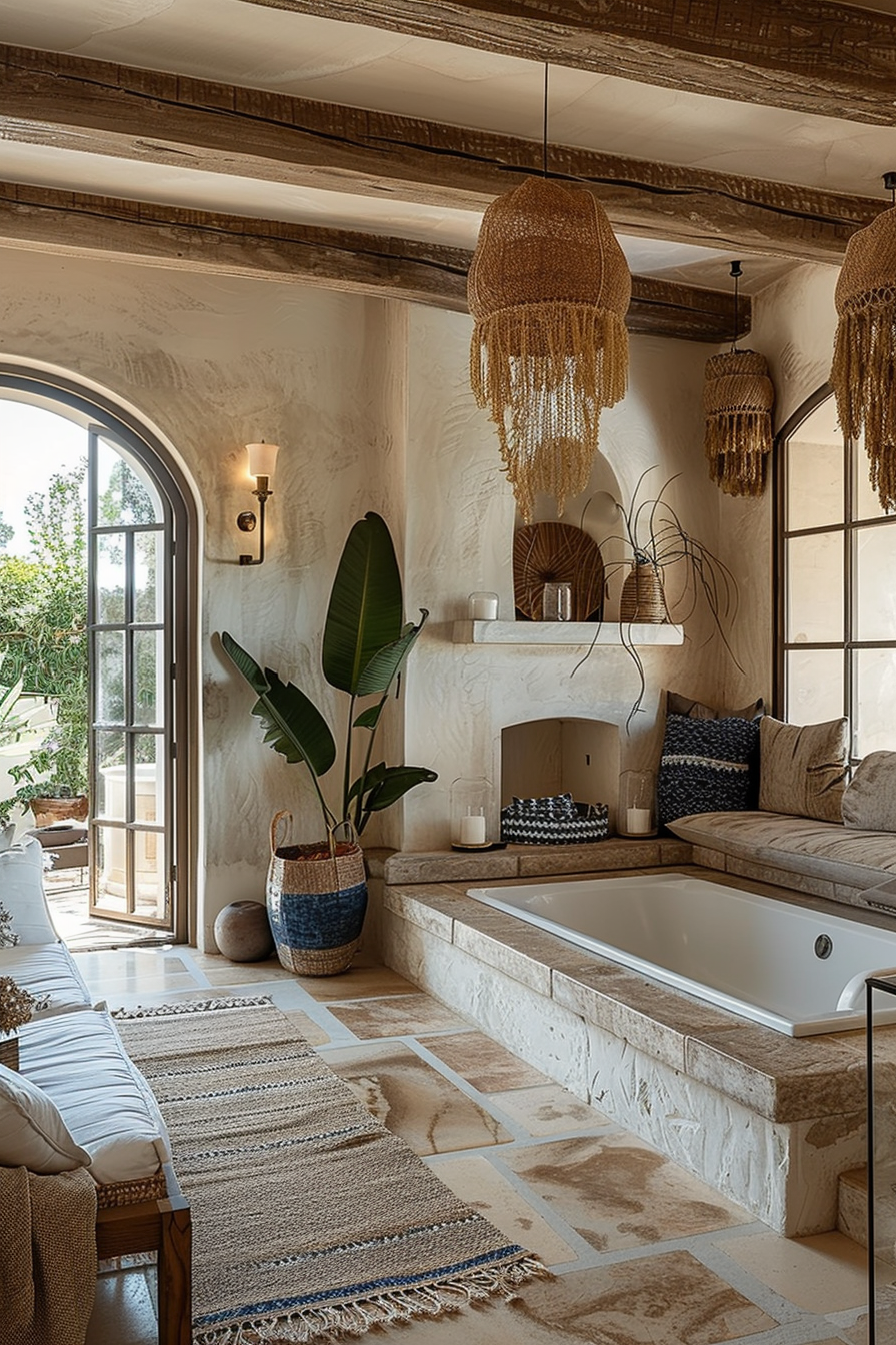 Bohemian-style bathroom with a built-in bathtub, earthy tones, natural textures, and hanging wicker lamps.