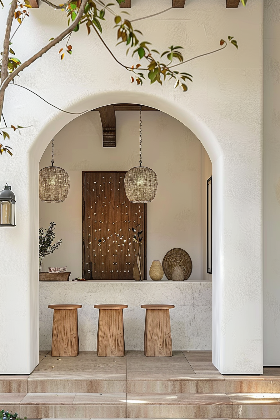 An elegant home entrance with a wooden door, spherical hanging lamps, stools, and decorative pots under an arched doorway adorned with greenery.