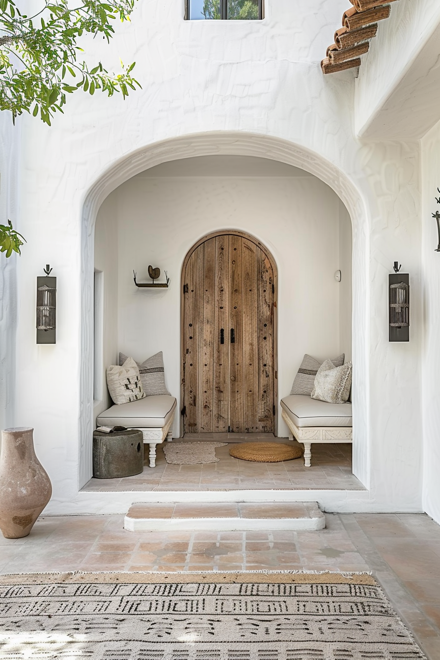 ALT: A serene entryway with an arched alcove featuring a wooden door flanked by benches, decorative wall sconces, a patterned rug, and a large vase.