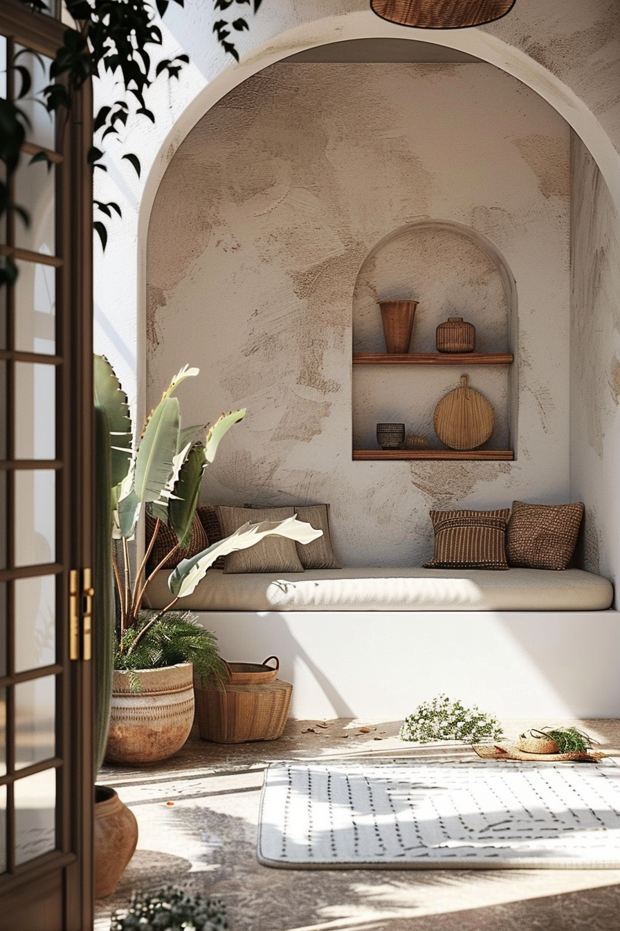 Cosy nook with a built-in sofa, wicker baskets, plants, and rustic decor in a sunlit archway.