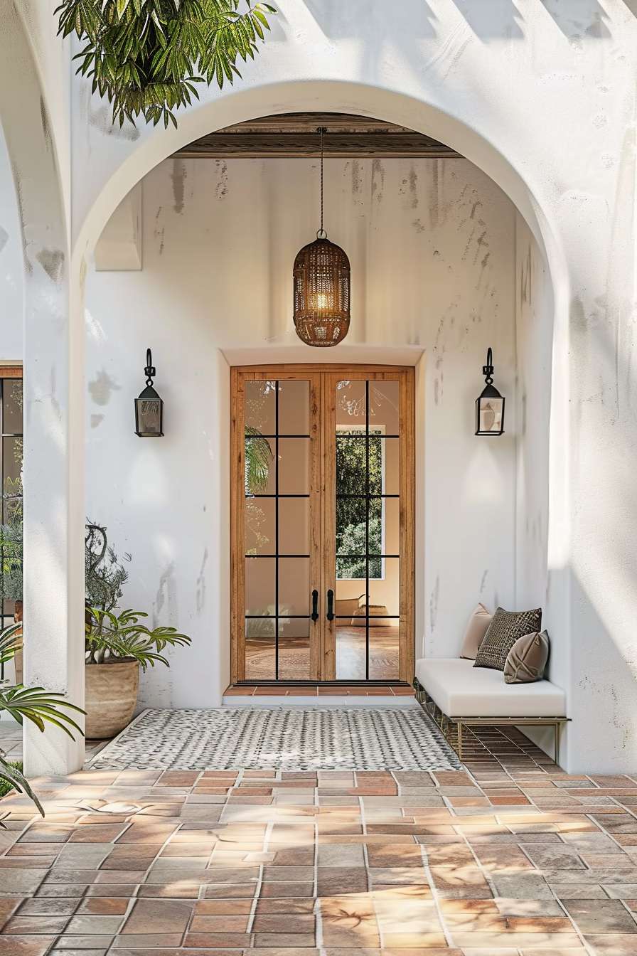 A serene entrance with a wooden door, hanging lanterns, white bench, potted plants, and terra cotta tiled floor under an arched white portico.