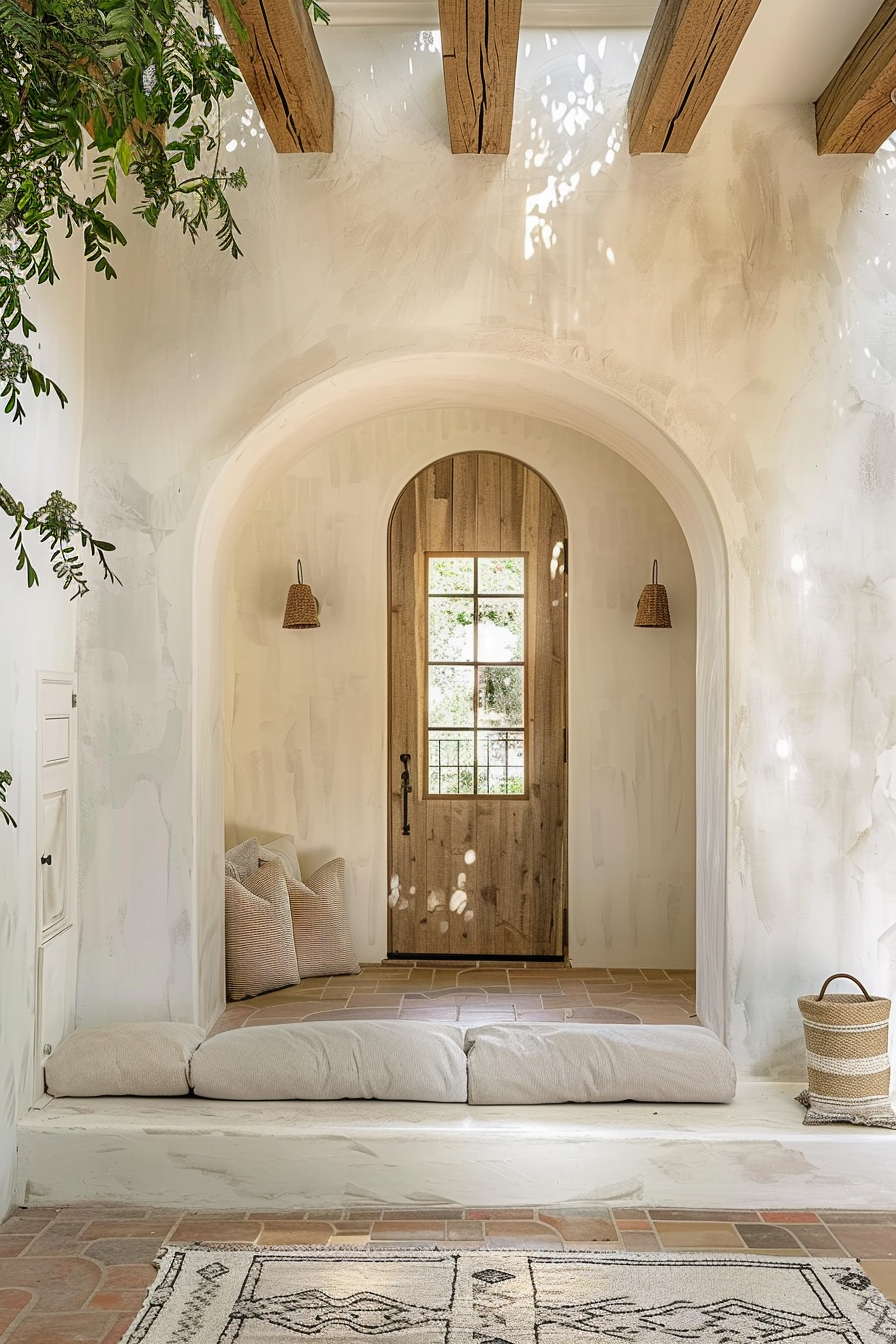 A serene entryway with a wooden arched door, terracotta tiles, white plaster walls, exposed beams, and a plush seating nook.