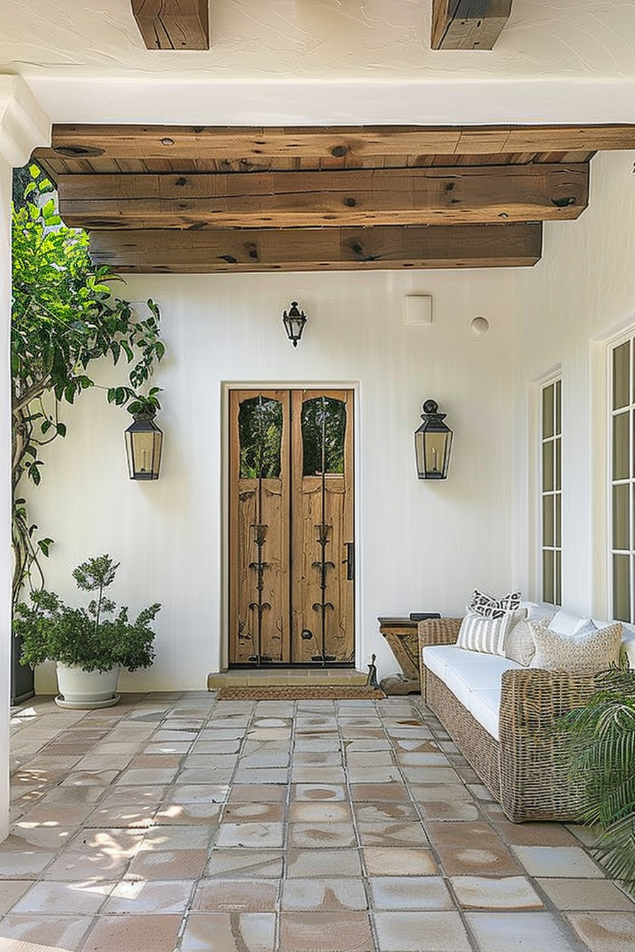 A home entrance with a wooden door, tiled floor, wicker bench, and green potted plants under a wooden beam ceiling.