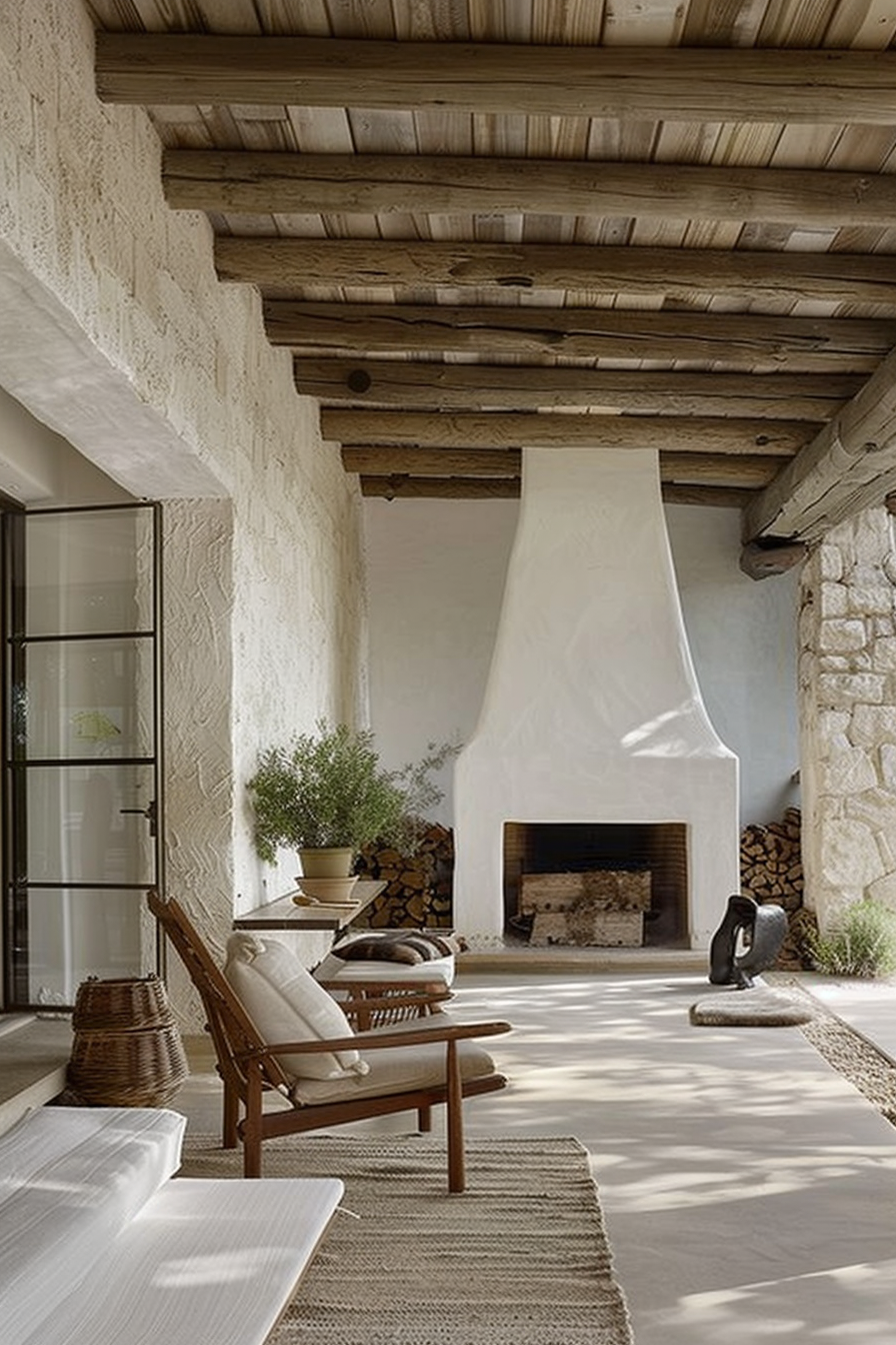 Rustic-style patio with a large white fireplace, wooden ceiling, wicker baskets, and cozy lounge chair on textured rugs.