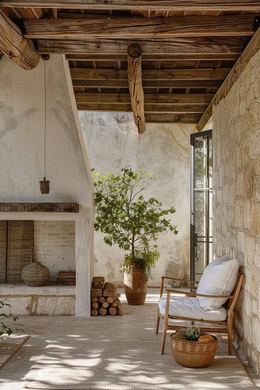 ALT: A serene rustic patio with a wooden beam ceiling, white walls, a potted tree, lounge chair, and a stack of firewood, exhibiting a cozy ambiance.
