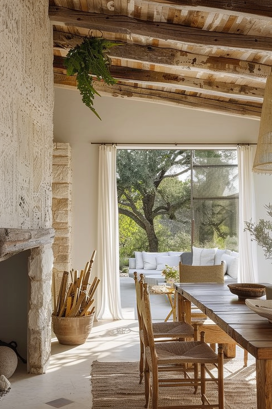 Rustic dining room with a wooden table, woven chairs, exposed beams, and a view of a tree through the window.