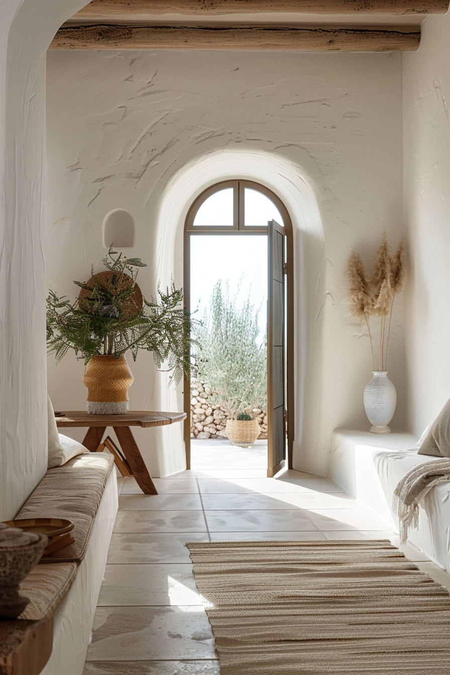 A bright, serene room with arched doorway leading to a sunny garden, decorated with potted plants, a woven rug, and rustic furniture.