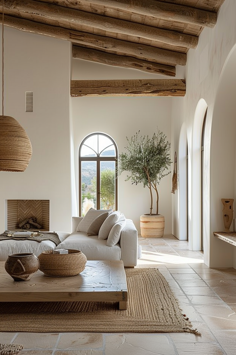A bright, airy living room with rustic wooden beams, neutral tones, natural textures, and a large window offering a scenic view.