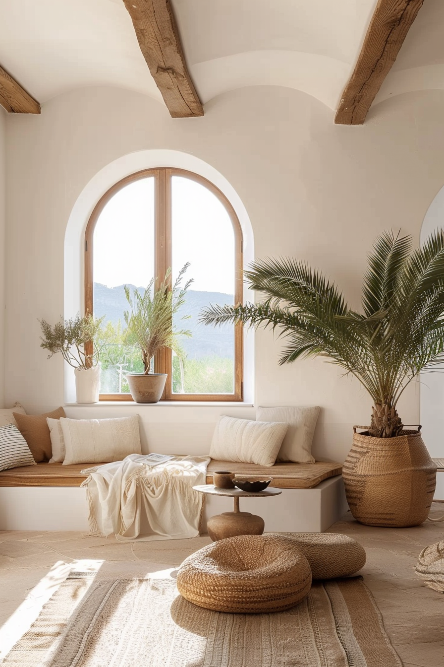 Bright, serene room with arched window, wooden beams, woven decor, plants, and cozy seating nooks with pillows and throw.