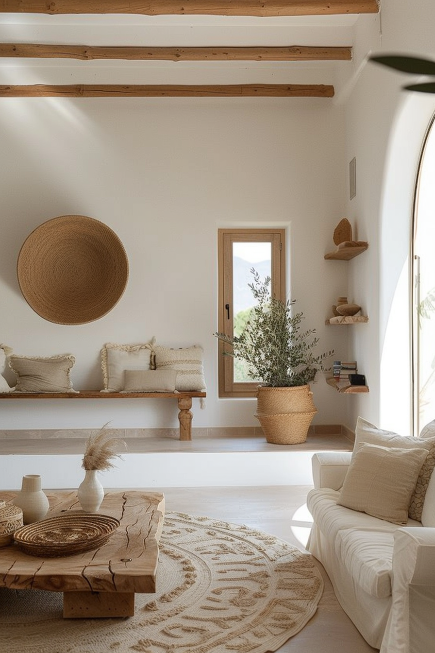 Bright and airy living room with neutral tones, exposed wooden beams, and rustic decor, featuring a woven round wall hanging.