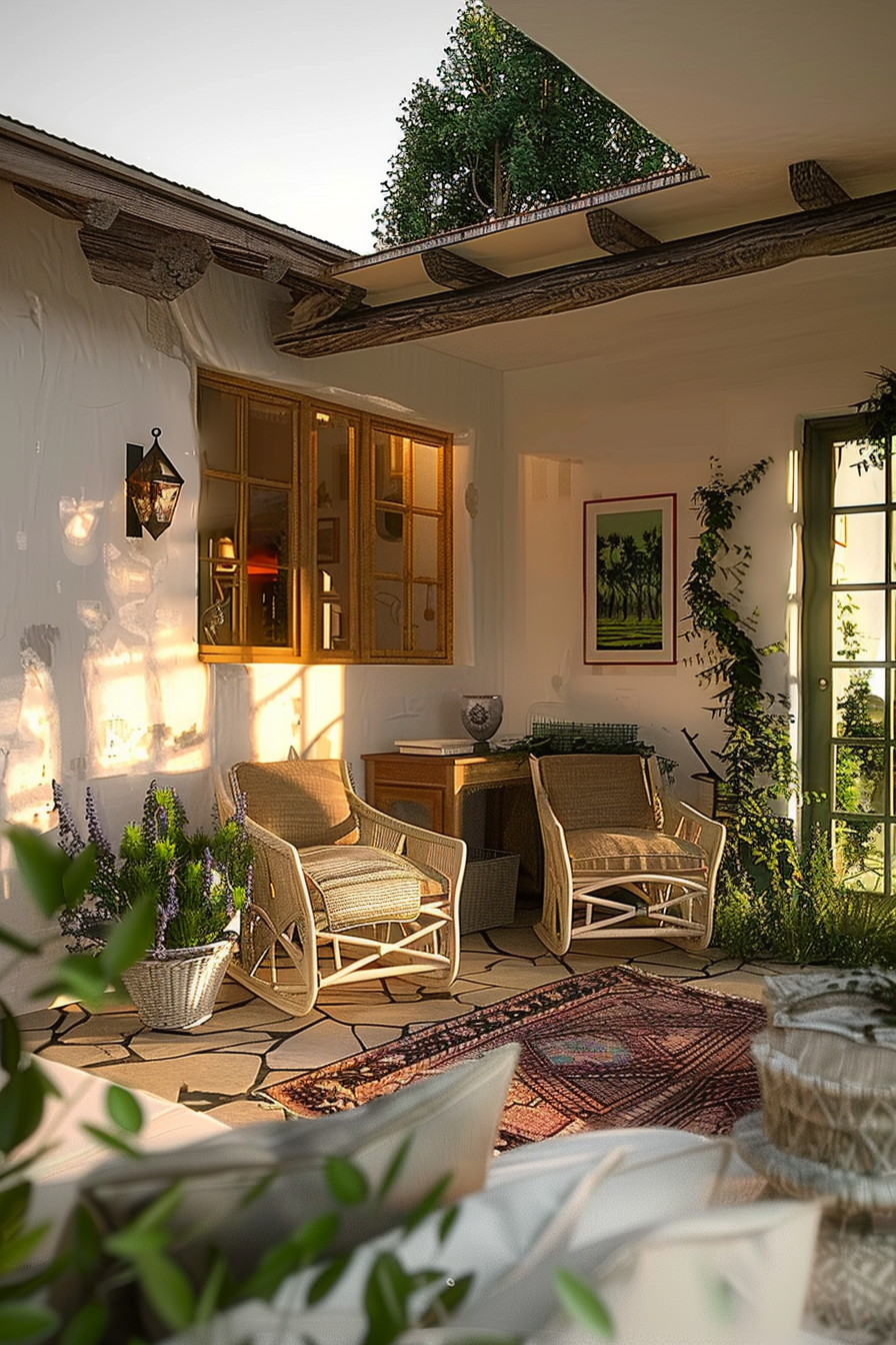 Cozy porch at sunset with wicker chairs, plants, and warm lighting from a hanging lantern and open windows.