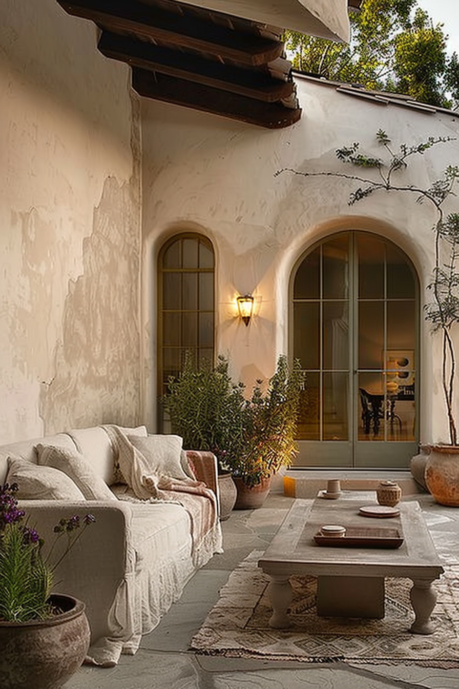 Cozy outdoor patio with a white couch, coffee table, potted plants, and a view into the house through arched doors.