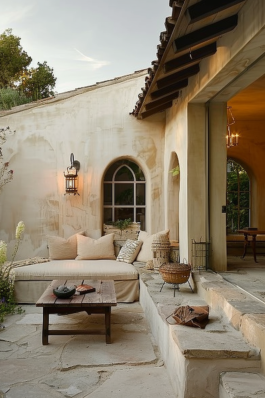Cozy outdoor patio area with a large couch, wooden table, decorative lanterns, and rustic charm adjacent to an elegant home.