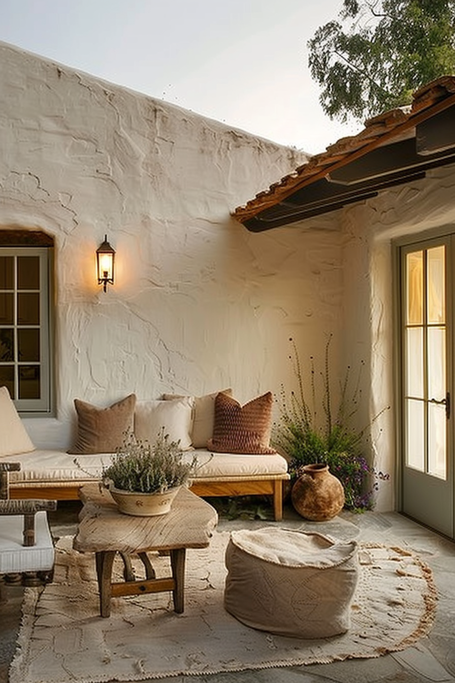 Cozy outdoor seating area with white cushions, rustic wooden tables, plants, and a soft rug under warm lighting near a textured white wall.