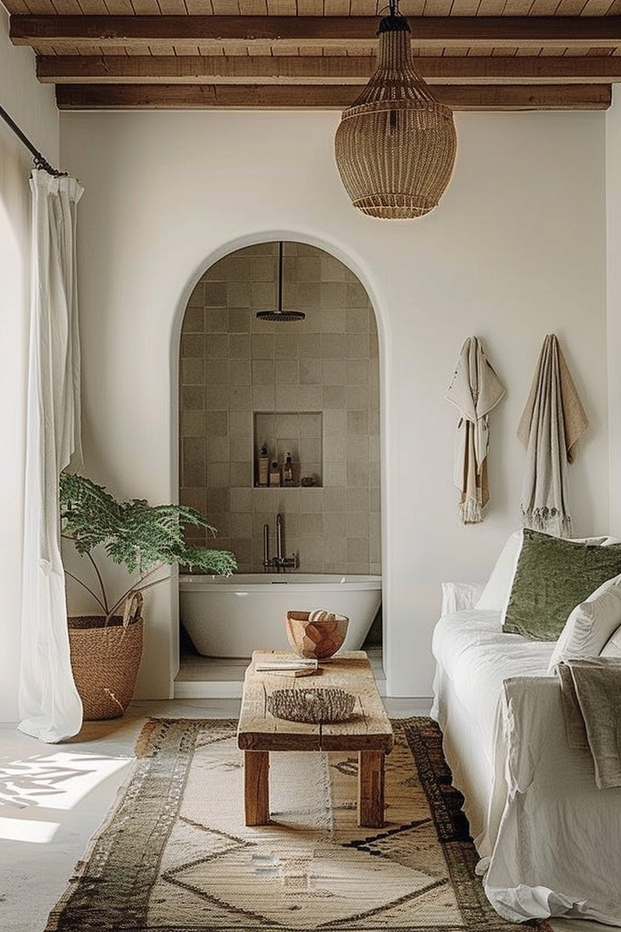 A cozy, well-lit bathroom with a freestanding bathtub, arched alcove, wooden bench, patterned rug, and a hanging wicker lamp.