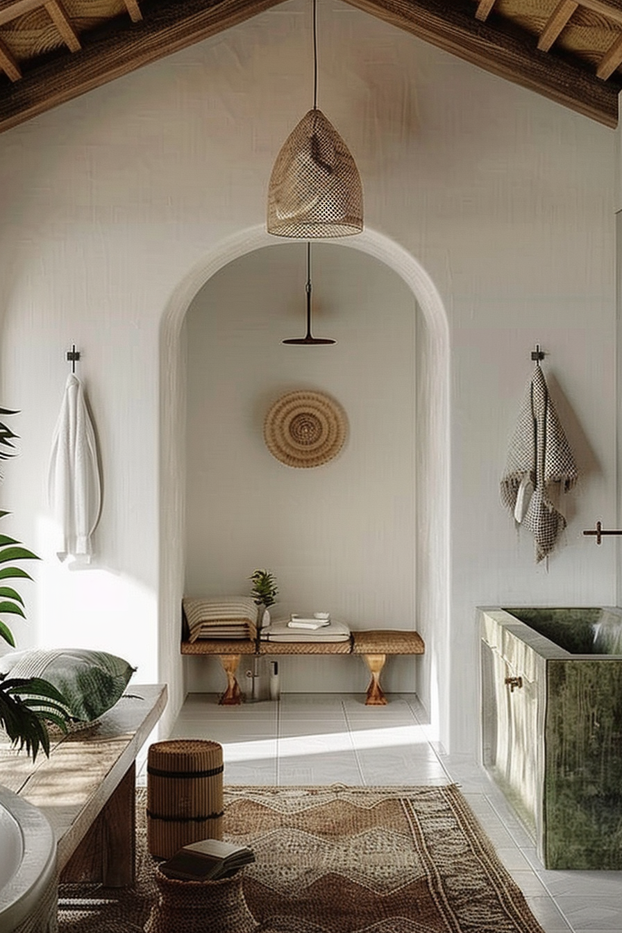 Elegant bathroom interior with a freestanding tub, woven details, wood accents, and a rustic pendant light.