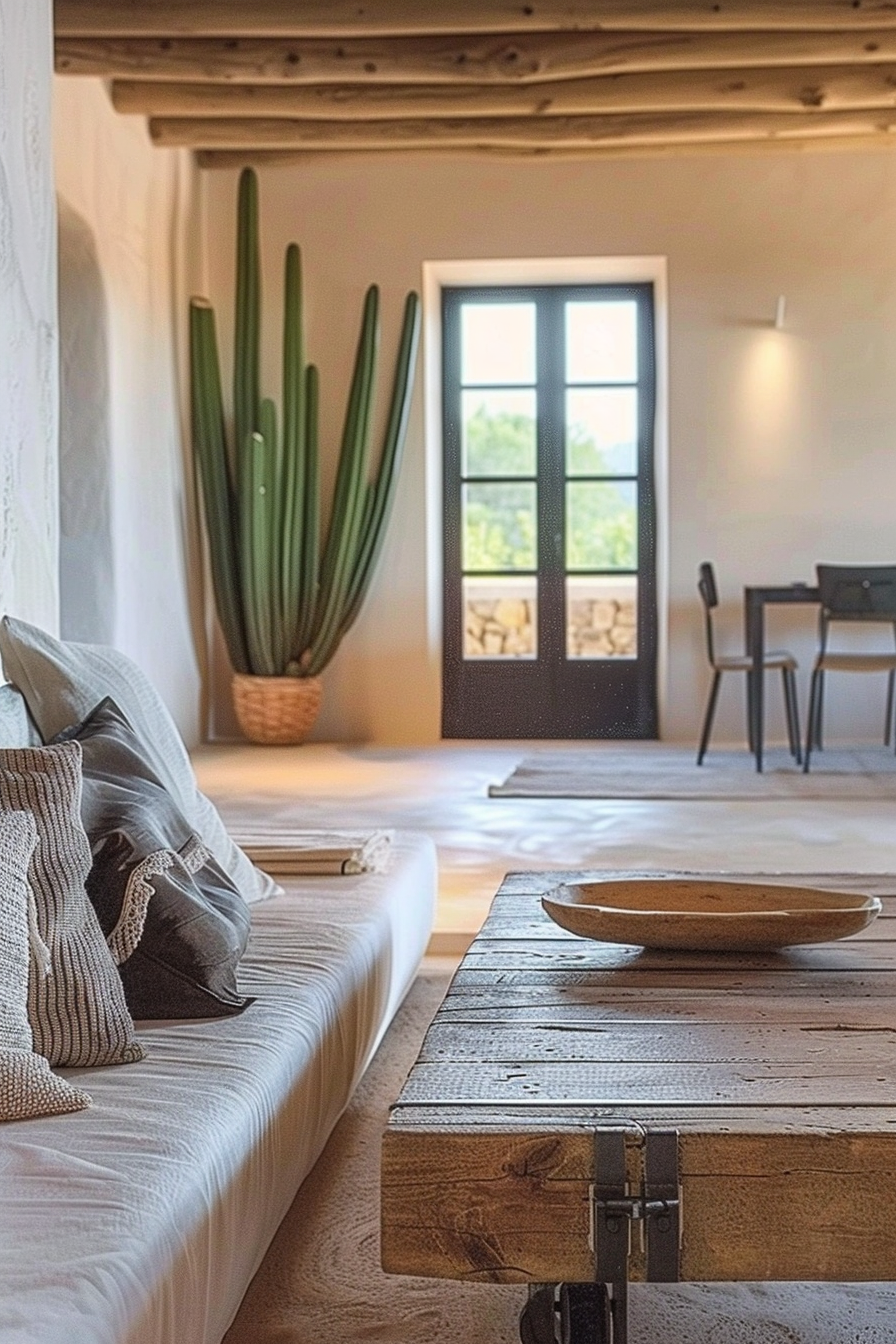 A cozy room with rustic décor, including a low-profile couch, wooden ceiling beams, a potted cactus, and a wooden table, with a view outside through a door.