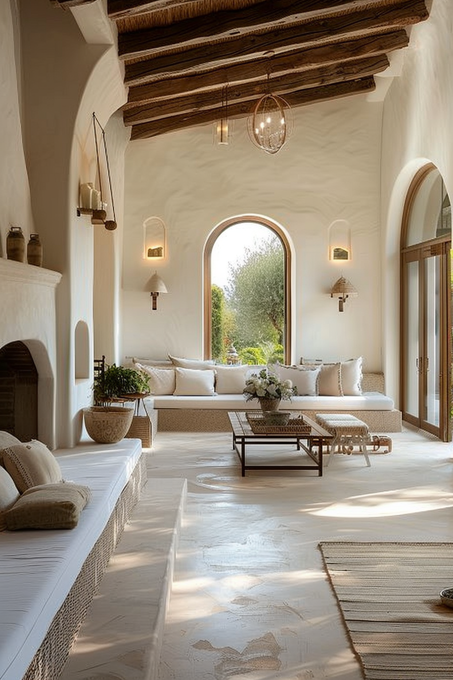 Elegant interior living space with arched windows, white sofas, wooden beams, and decorative lighting, overlooking a garden.