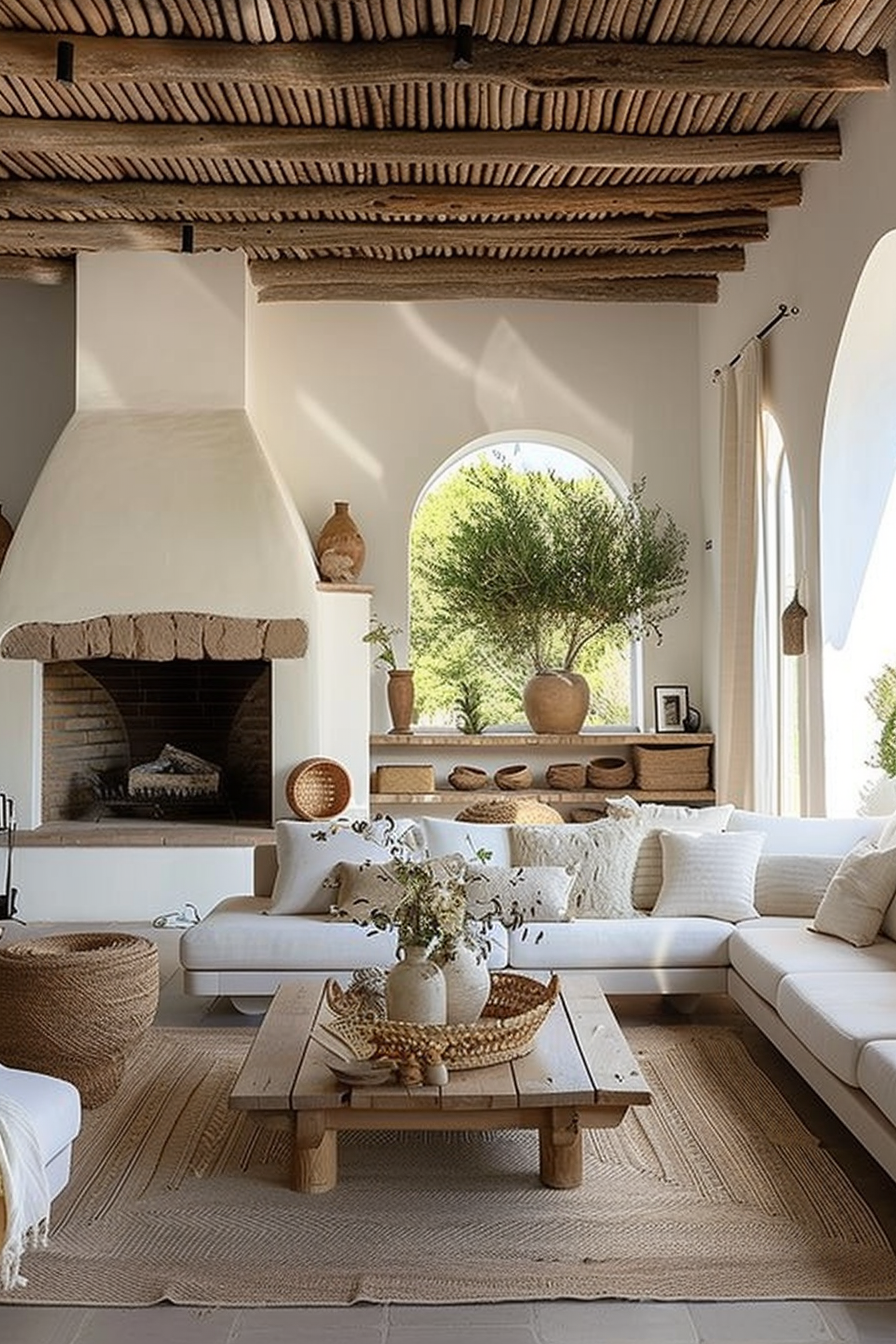 A cozy rustic living room with white sofas, wooden ceiling beams, a large fireplace, and a window with a view of greenery.