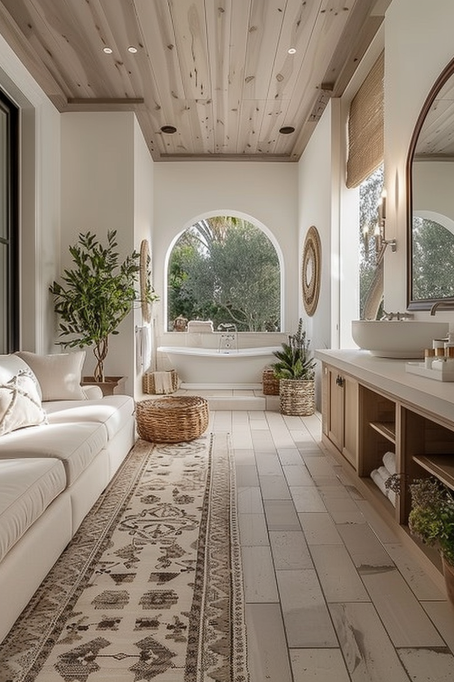 Elegant bathroom interior with a freestanding tub, arched window, woven baskets, and a modern white sofa under a wood-beamed ceiling.