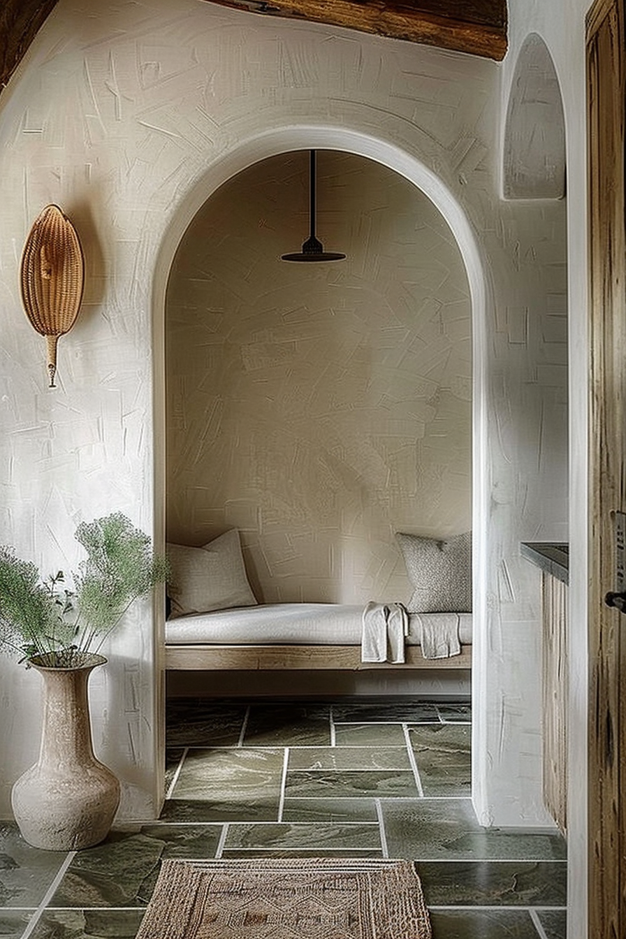 ALT: A serene nook with an arched entrance, featuring a built-in bench, throw pillows, a pendant light, a wicker wall decoration, and a large vase with greenery.