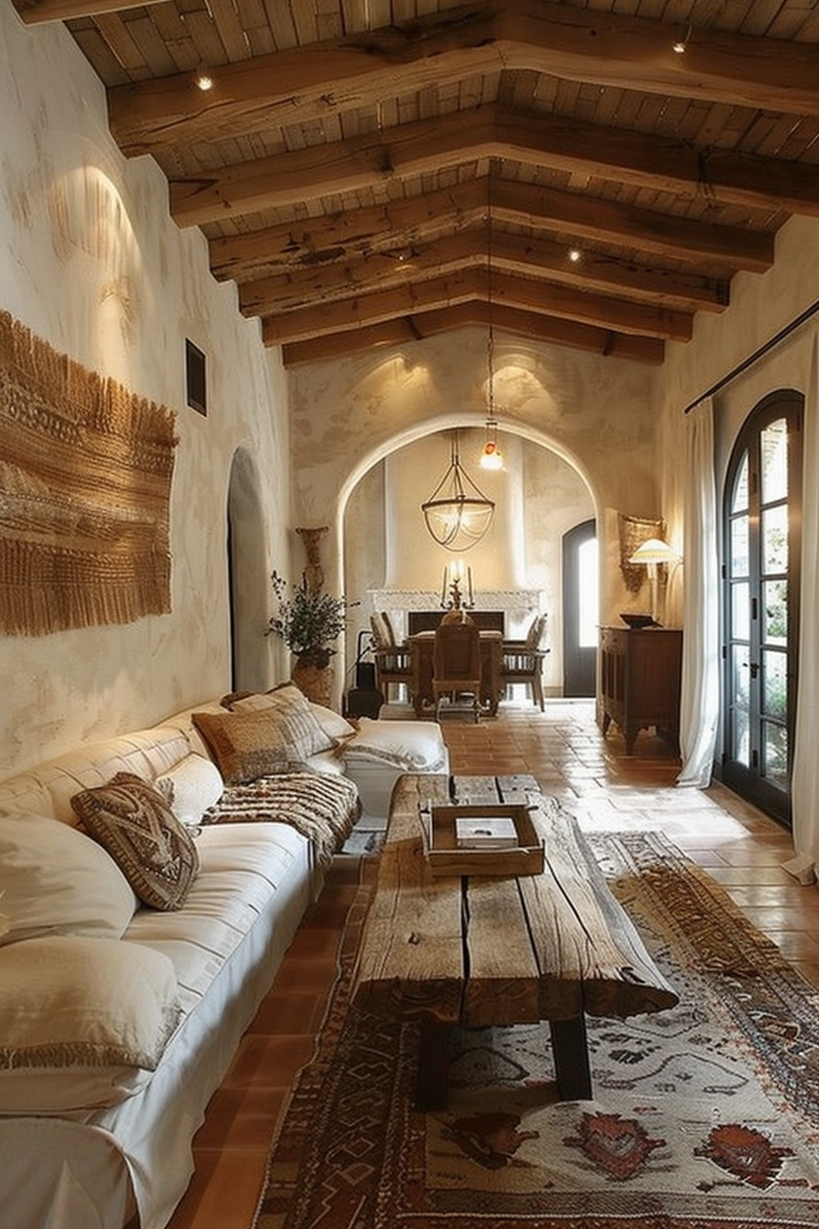 Cozy living room with rustic wooden beams, arched doorways, terracotta tiles, and traditional decor including a rugged wooden table and patterned rugs.