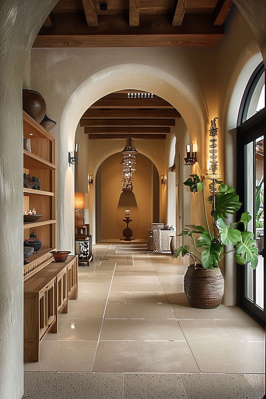 Elegant hallway with arched doorways, tiled floor, decorative lighting fixtures, and tasteful arrangements of pottery and plants.