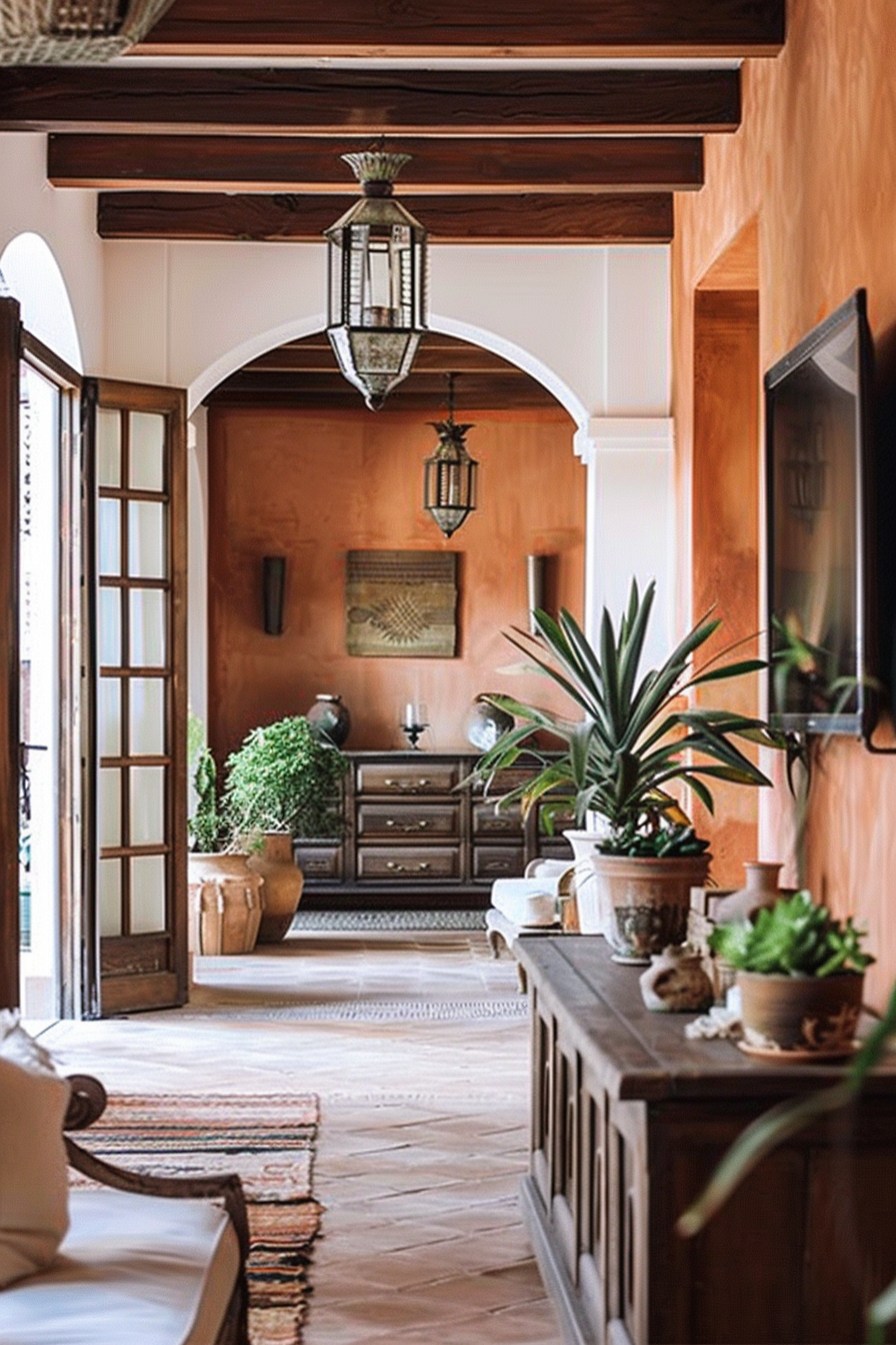 A warm-toned hallway with terracotta walls, wood-beamed ceiling, lantern-style lights, plants, and traditional furniture.