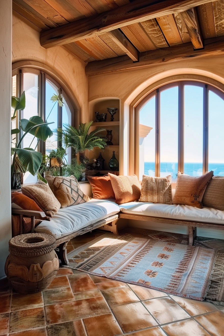 Cozy seaside nook with cushioned benches, terracotta floor, arched windows overlooking the ocean, and lush indoor plants.