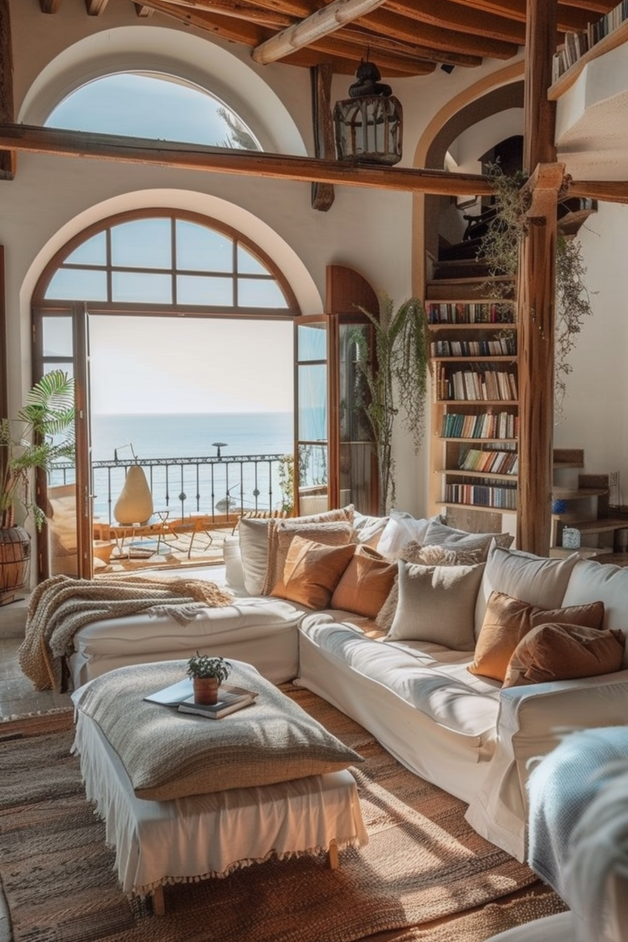 Cozy living space with couches, neutral-toned pillows, books, and view of the sea through an open door.