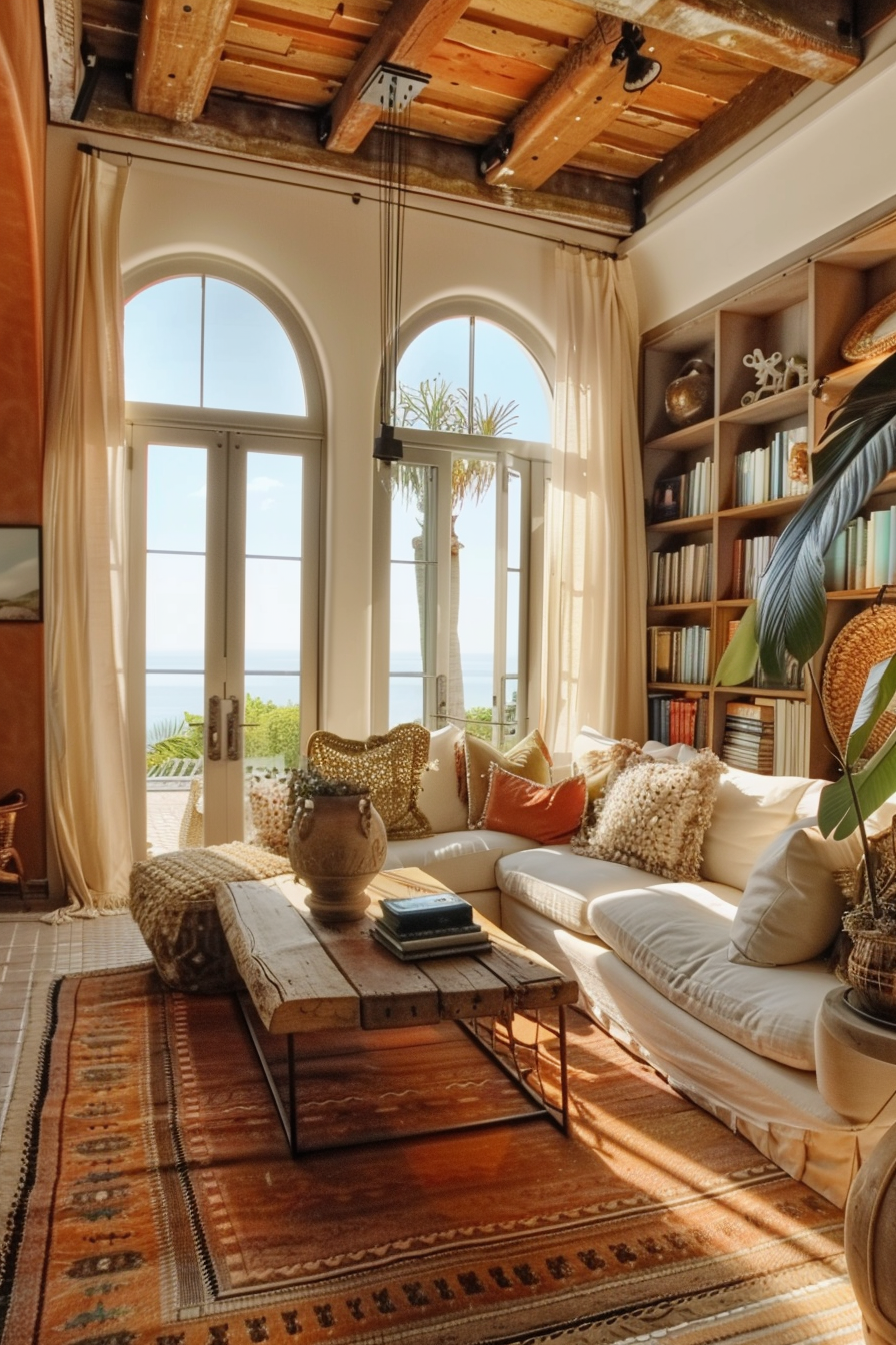 Cozy living room with rustic decor, a large sofa, bookshelves, and arch windows overlooking the sea.