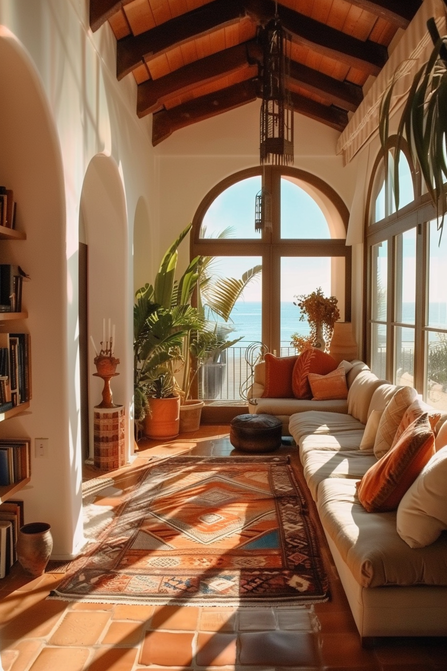 Cozy sunlit living room with arched windows overlooking the sea, terracotta floors, a patterned rug, and a plush sofa with orange cushions.